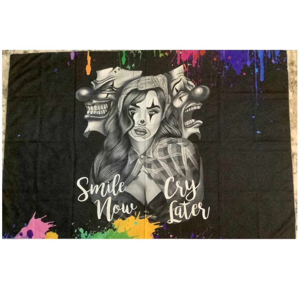 New in package Smile now Cry Later backdrop clown faces wall hanging